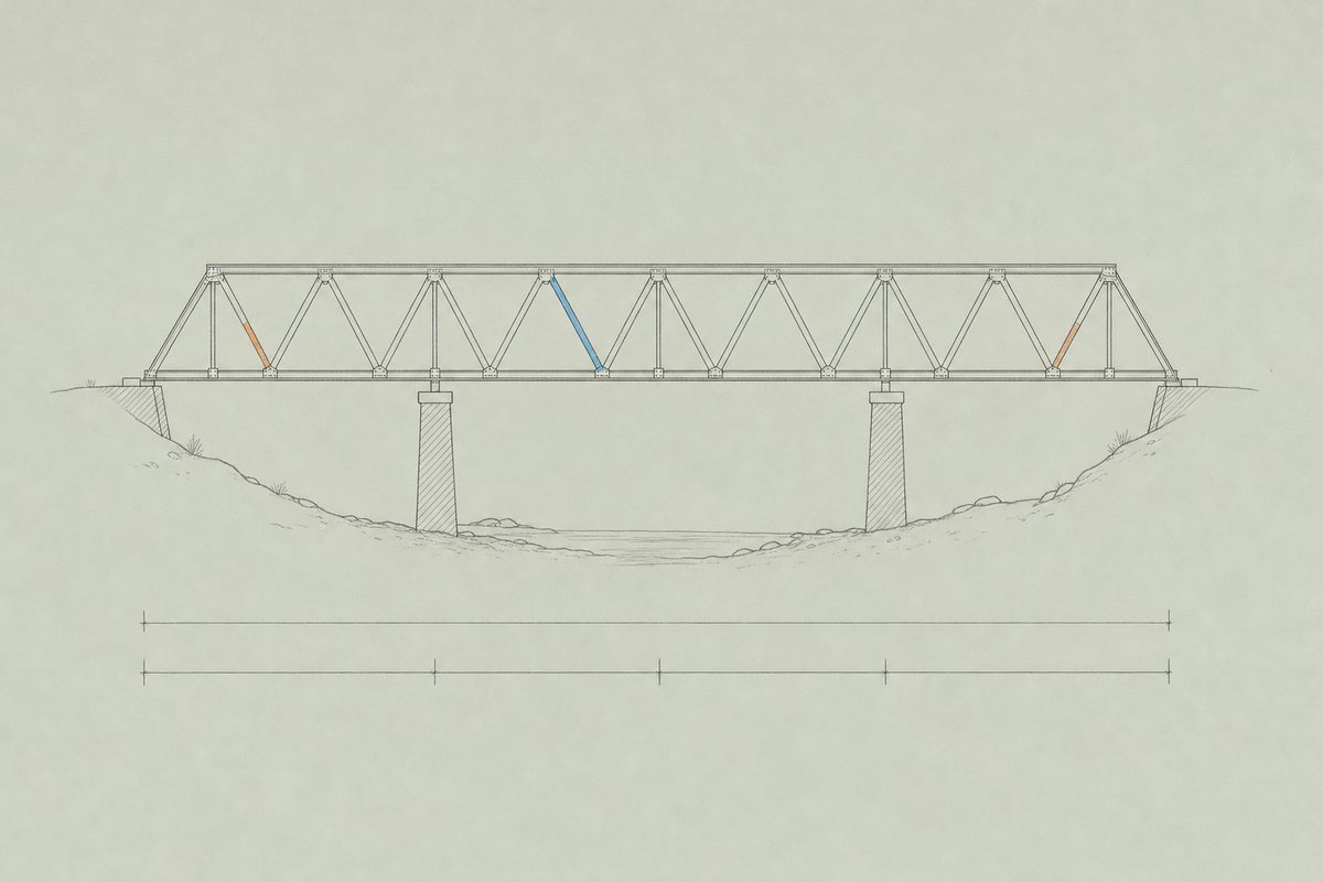 Line drawing of a steel Warren truss bridge spanning a shallow river valley, with a few members tinted orange and blue