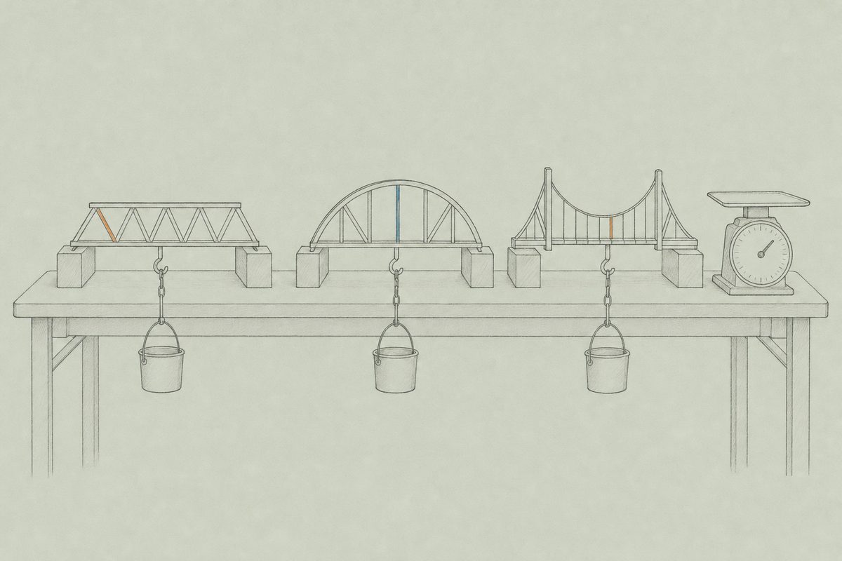 Line drawing of a classroom table with three model bridges being load tested, hanging buckets under each and a kitchen scale at the end