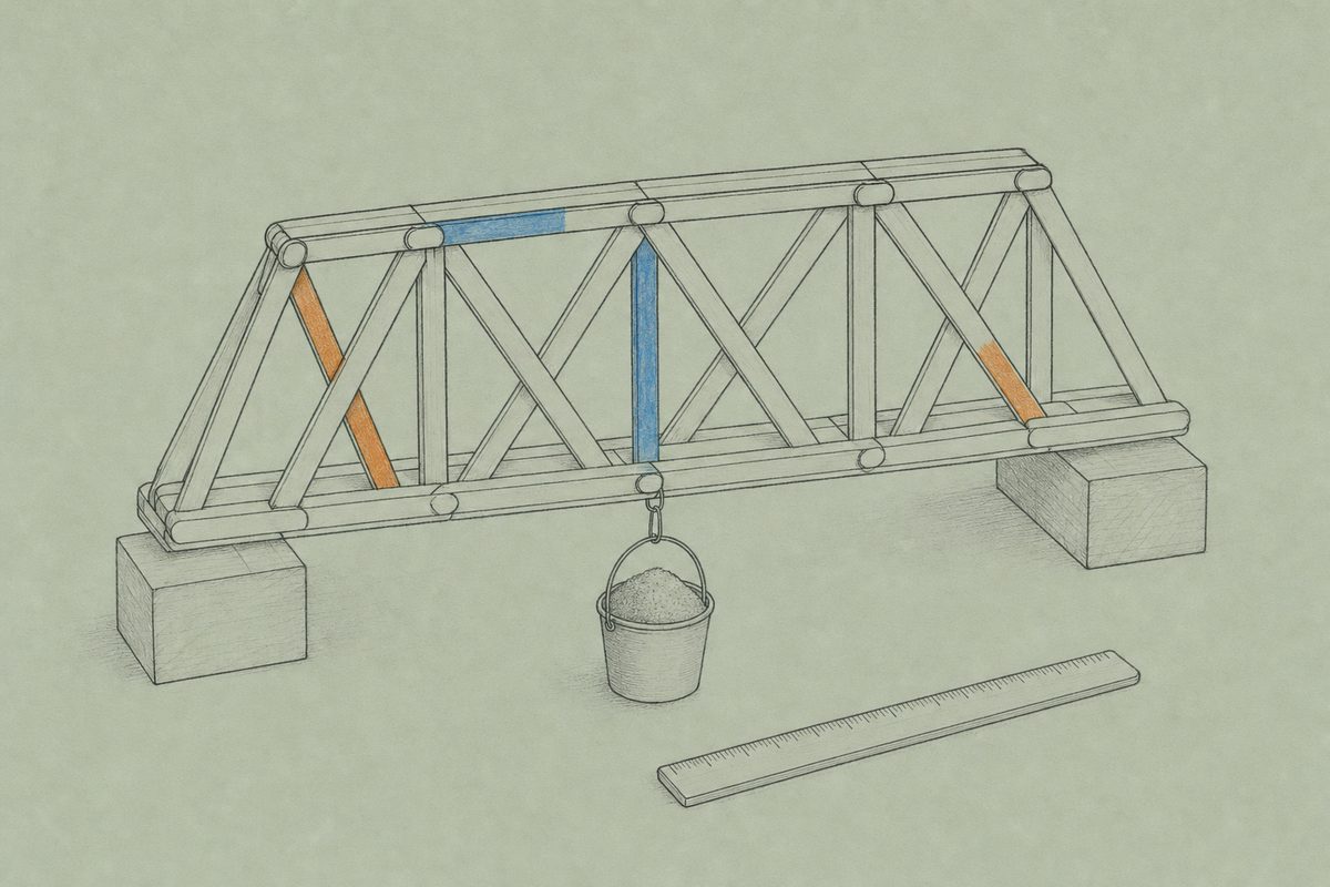 Line drawing of a truss built from craft sticks on a desk, with a bucket of sand hanging at the centre joint and a ruler beside it