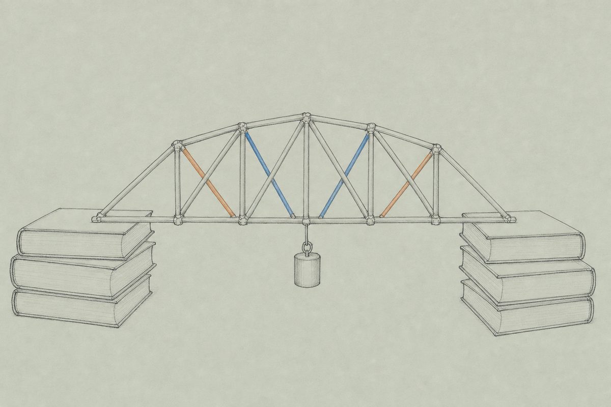 Line drawing of a small arched truss bridge made of toothpicks, resting on two stacks of books with a weight hanging at the centre