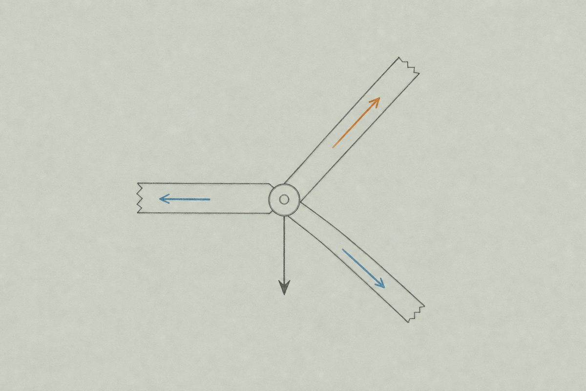 Diagram of a single truss joint where three members meet, with an arrow along each member and one downward arrow for the load